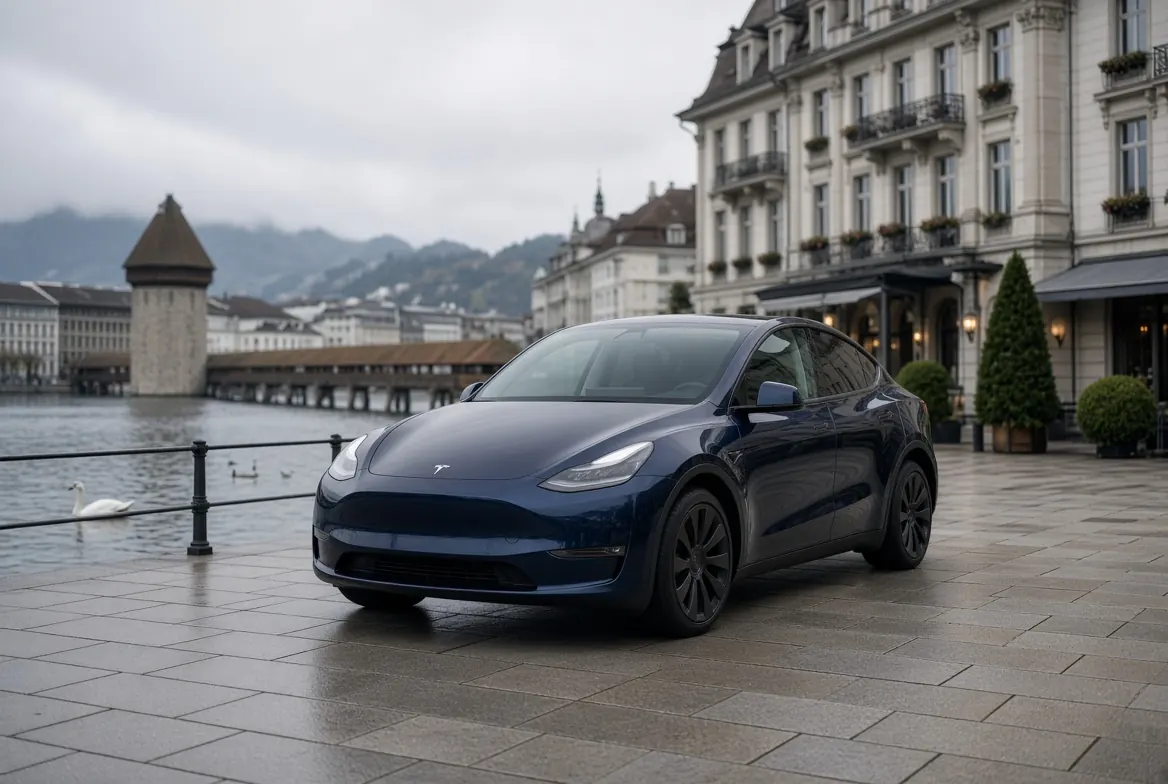 Dunkelblauer Tesla am Vierwaldstättersee vor dem Hotel Schweizerhof in Luzern
