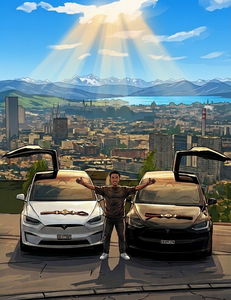 Illustration: Dani Rodriguez zwischen zwei Tesla Model X mit Championship-Gürteln über Zürich