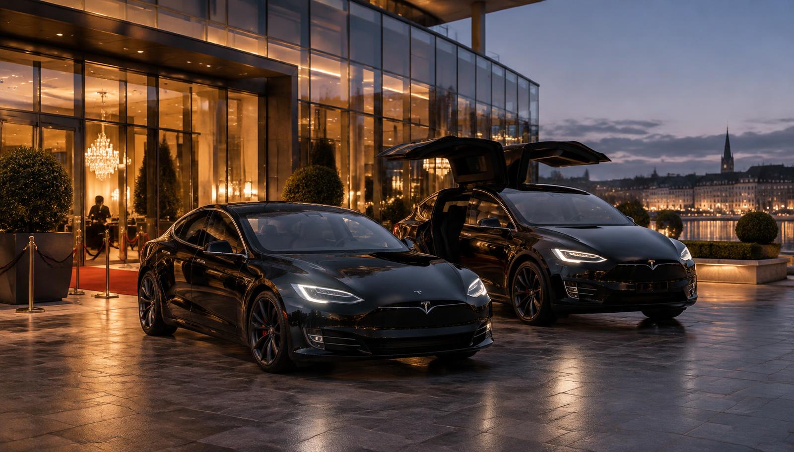 Schwarzes Tesla Model S und Model X vor einer Gala-Location in der Abenddämmerung