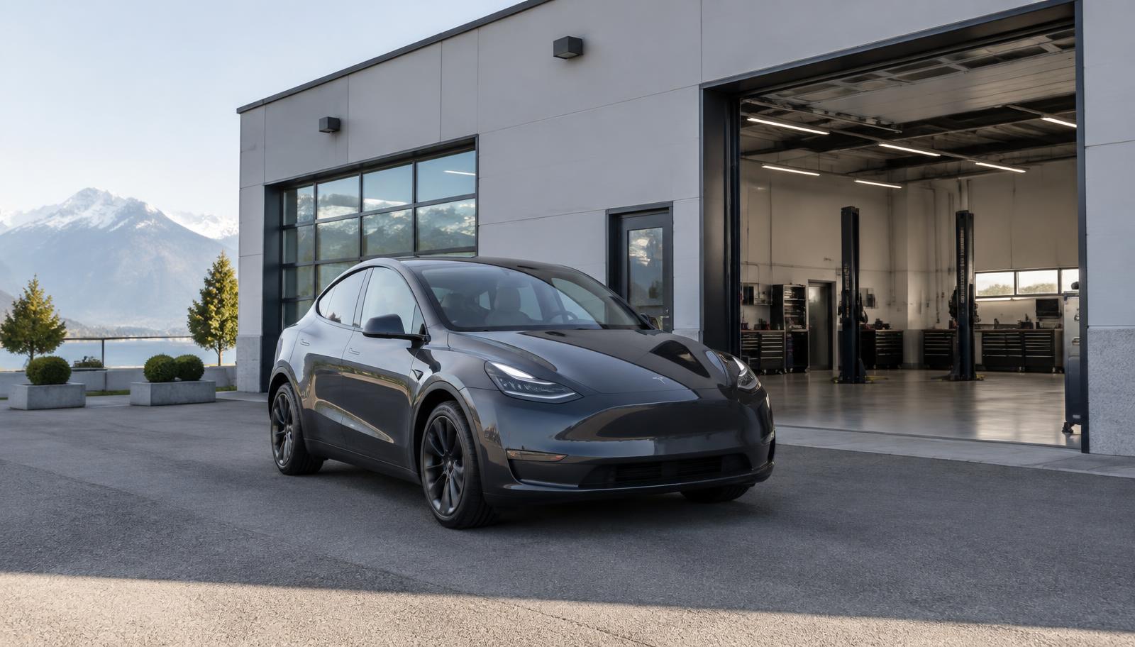 Tesla Model Y vor einer Werkstatt