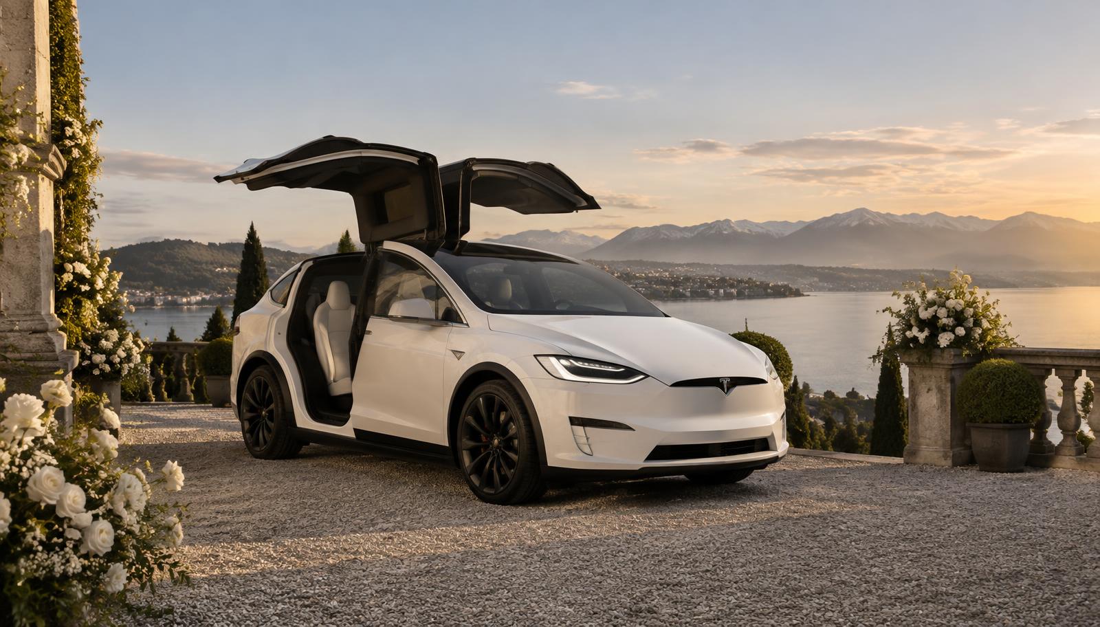 Weisses Tesla Model X mit geöffneten Flügeltüren an einer Hochzeitslocation am See