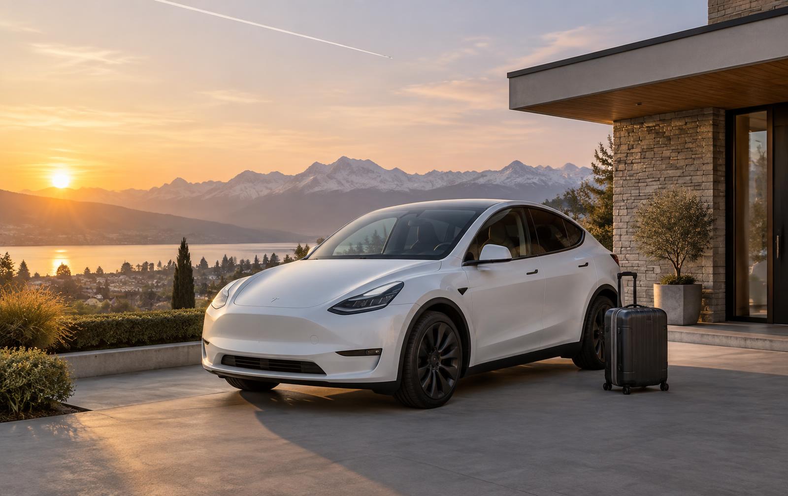 Weisser Tesla Model Y mit Koffer vor einem Haus über dem Zürichsee bei Sonnenaufgang